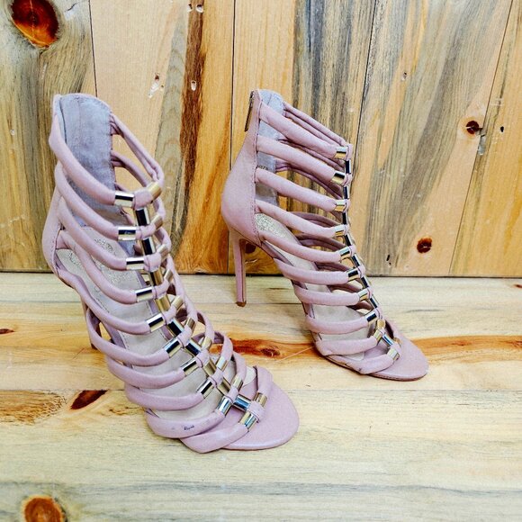 Vince Camuto Troy Gladiator Heels Cream Tan Leather Strappy Gold Accent Size 7.5 - Picture 4 of 8